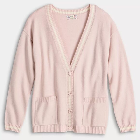 Pink Republic M Ivory Tan Stripe Trim Knit Button V-Neck Cardigan with Pockets - Picture 5 of 16